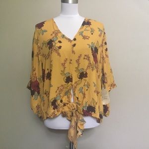 NWT $60 ALTAR'D STATE yellow floral brocade tie front top L